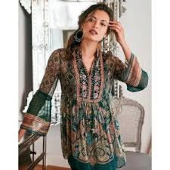 Soft Surroundings L/S Embroidered Embossed Emerald Shira Peasant Blouse Sz 3X - Picture 1 of 14
